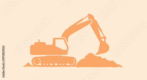 Orange excavator digging pile of dirt on a light background, construction equipment illustration