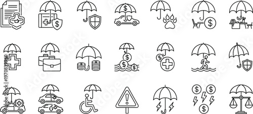 Insurance protection line icon set with umbrella health car finance safety and risk management symbols for business design