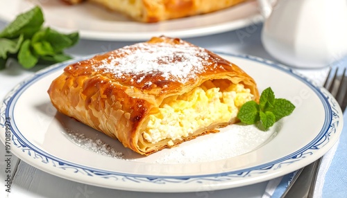 A pastry on a plate with powdered sugar and mint