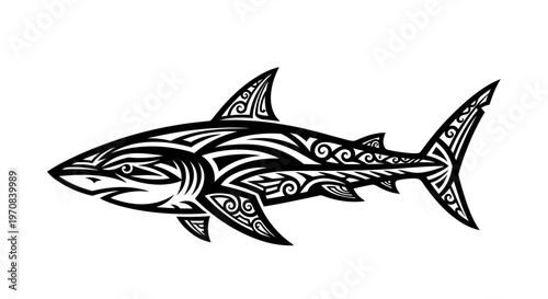 Tribal Shark Tattoo Design - Black and White Vector Art