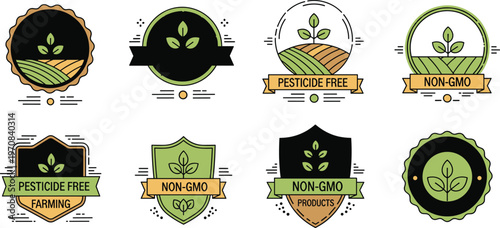 Organic farming badges set with pesticide free and non GMO labels eco agriculture certification vector illustration collection