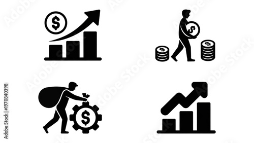 Icons representing financial growth, labor, investment, and productivity Vector