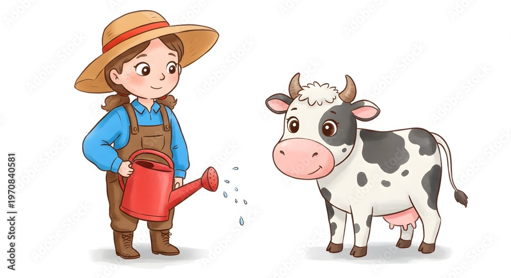Fototapeta premium A young farmer watering a cow