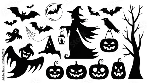 Halloween-themed illustration featuring a witch and various pumpkins with bats Vector