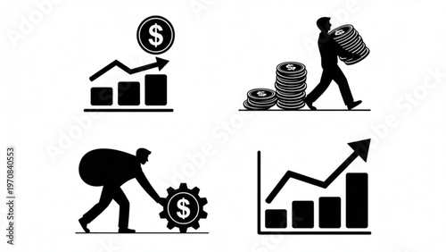 Four icons representing business growth, teamwork, productivity, and financial success Vector