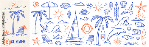 Summer Sea Vacation Doodle Set. Ocean Clipart Set. Vector sketch art compositions with yacht boat, palm tree, wave. Summer set for travel poster, tropical party flyer, summer-themed design and event.