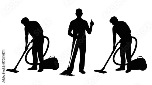 Three silhouettes cleaning floors with vacuum cleaners in unison Vector