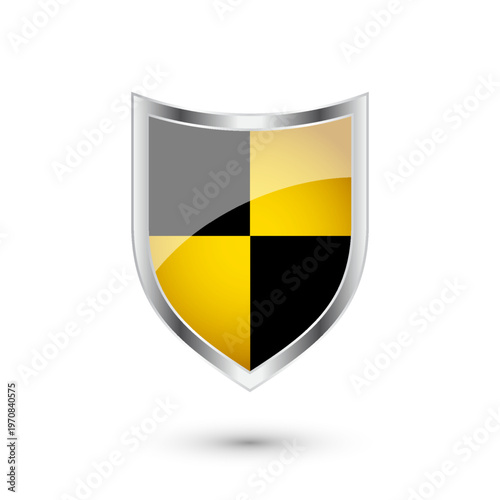 Glossy shield with yellow and black pattern. Security and protection concept. Cyber safety icons, internet privacy, web defense, digital data protection and antivirus themes. Vector illustration