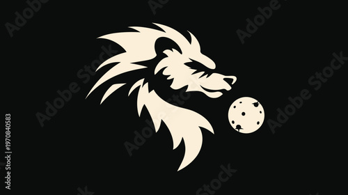 A stylized wolf head facing right with a textured ball, presented in contrasting colors on black