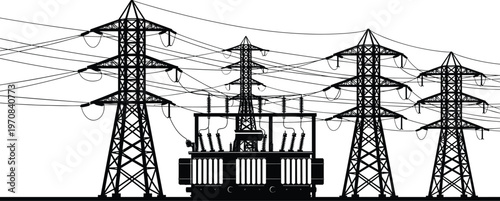 VHigh voltage power line silhouettes featuring electrical pylons, transmission towers, transformers, and electricity cables for industrial energy and utility vector design,