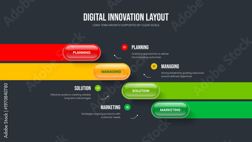 Corporate Analysis Frame Layout Vector Illustration. Consulting Review Four Element Diagram Slide Design. Product Report 4 Option Infographic Presentation Template.