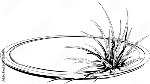 Black and white illustration depicts an oval frame with an ornamental plant in the corner