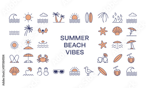 Tropical summer beach vector doodle collection with surfboard waves and coastal elements isolated.