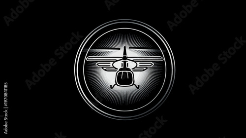Stylized monochrome helicopter emblem. A chopper within a circle, burst effect backdrop, black background