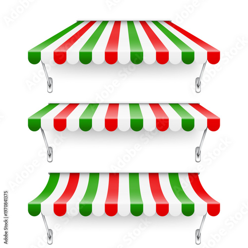 Shop sunshade with metal holder. Realistic striped cafe awning. Outdoor market tent. Roof canopy in Italian flag colors. Summer street store. Vector illustration