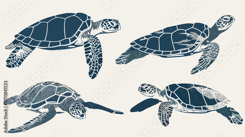 Four stylized illustrations of turtles in shades of blue with a textured finish on a cream background