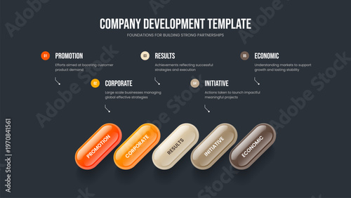 Financial Strategy Five Step Diagram Presentation Template. Consulting Analysis Slideshow Design Vector Illustration. Modern Forecast 5 Element Infographic Slide Layout.