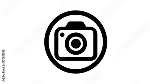 A simple, bold black and white icon of a camera enclosed within a circle. Perfect for photography concepts