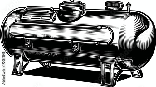 A grayscale, cross-hatched illustration of a horizontal, cylindrical tank on four legs