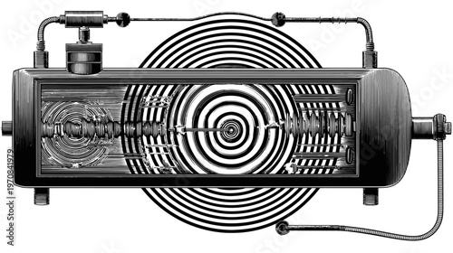 A detailed illustration of a complex device with concentric circles and intricate mechanical parts