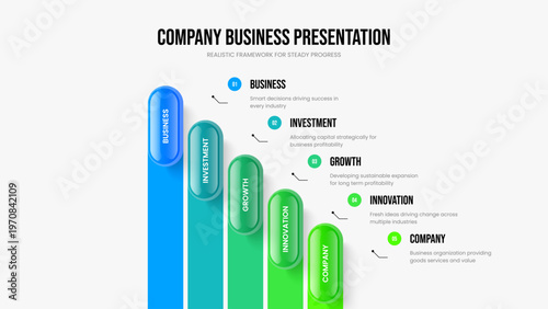 Digital Visualization Slideshow Layout Vector Illustration. Company Analysis Five Option Diagram Frame Template. Marketing Insight 5 Step Infographic Presentation Design.