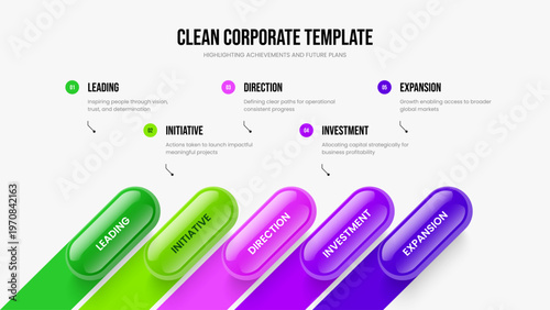 Professional Review 5 Element Infographic Presentation Template. Advertising Report Five Option Diagram Slideshow Design. Financial Performance Slide Layout Vector Illustration.