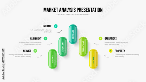 Service Launch Five Option Diagram Frame Template. Market Visualization 5 Step Infographic Slideshow Layout. Business Showcase Presentation Design Vector Illustration.