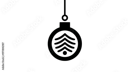 A black and white graphic showing a festive ornament with a Christmas tree design inside