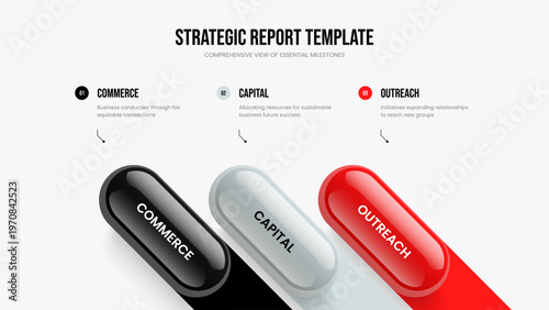 Professional Launch Three Element Infographic Slide Template. Corporate Proposal Presentation Design Vector Illustration. Consulting Visualization 3 Option Diagram Slideshow Layout.