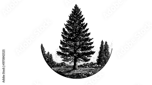A monochrome illustration of a tall pine tree in a semi-circle with other trees