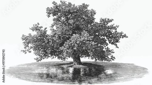 A grayscale drawing featuring a large, leafy tree reflecting in a body of water