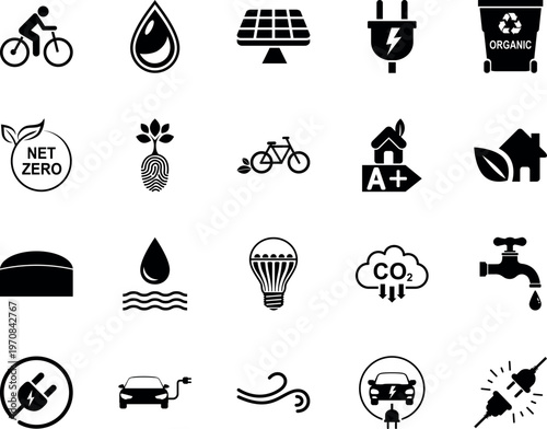 Sustainable eco friendly energy vector icon set, solar panel, electric car, bicycle, water, plug, carbon dioxide, plant, house, organic