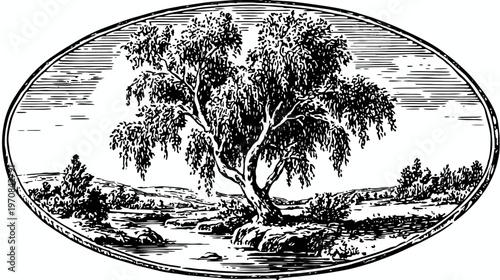 A detailed illustration of a tree and surrounding landscape within an oval frame, in black and white