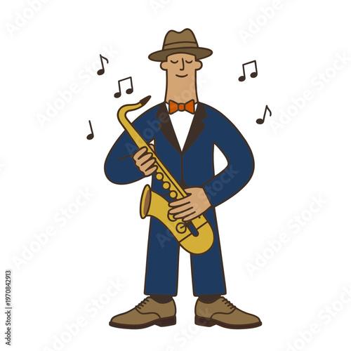 Saxophonist Playing Saxophone, Jazz Musician with Musical Notes, Cartoon Flat Design Illustration