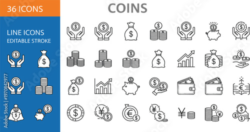 Money finance line icon set with coins wallet savings investment and banking elements for business and financial design