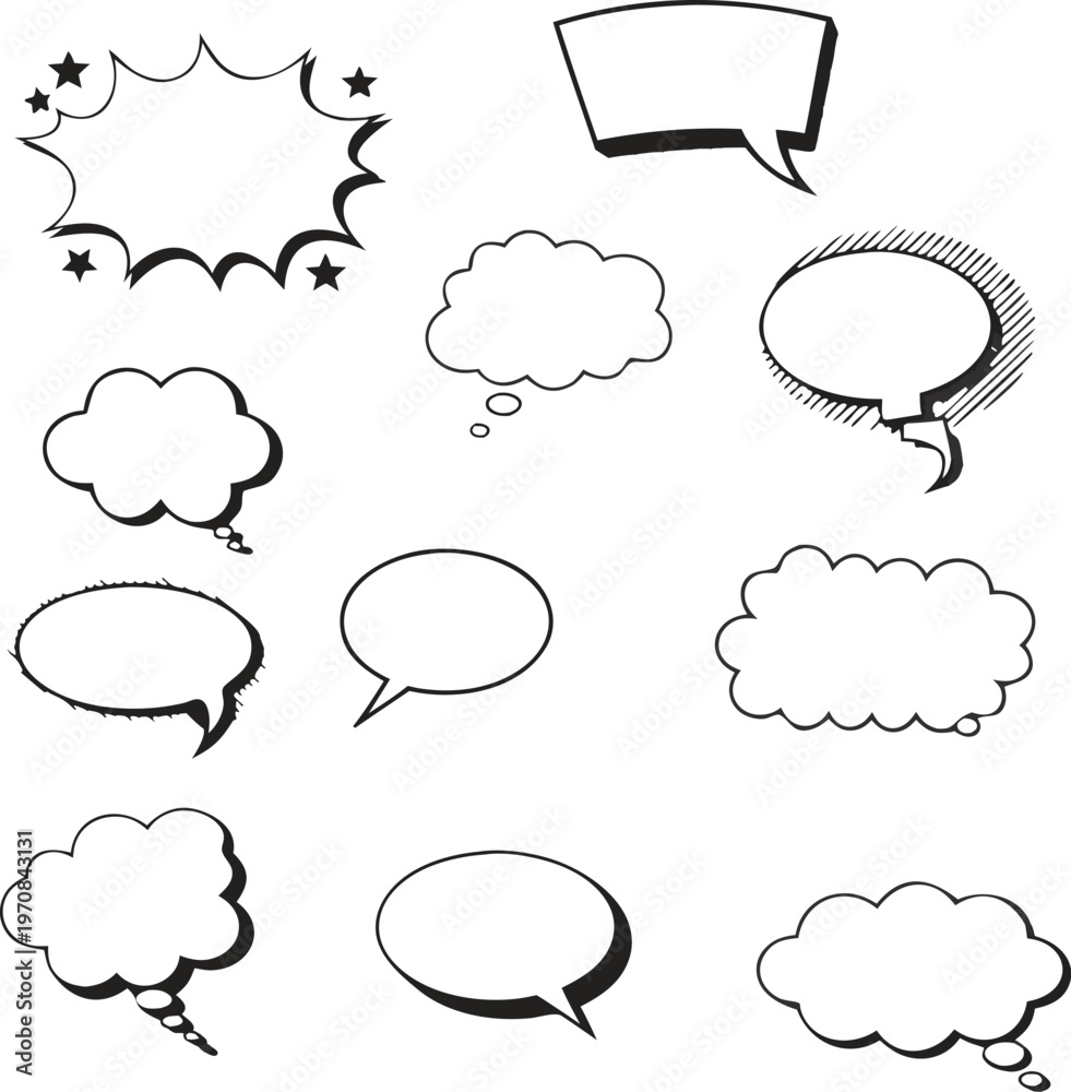 Fototapeta premium Creative Pop Art Speech Balloon Collection with Unique Comic Style Shapes and Bold Visual Elements. Vibrant Communication Concept for Comics, Posters and Graphic Design Projects.
