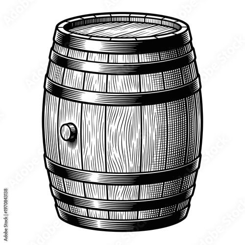 Wooden Barrel with Metal Hoops, Traditional Oak Cask for Wine or Whiskey Aging, Vintage Engraving Style Illustration