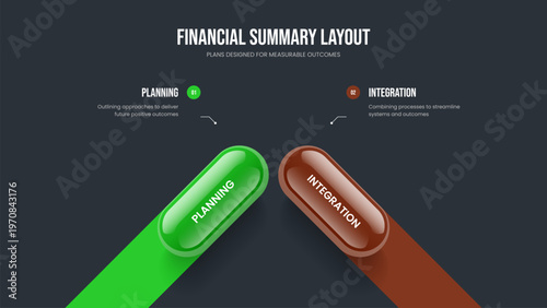 Investor Analysis Frame Layout Vector Illustration. Digital Overview 2 Element Infographic Presentation Template. Service Performance Two Step Diagram Slide Design.
