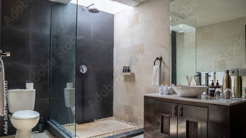 A bathroom with a black shower stall and a white toilet. The toilet is next to a sink and a mirror