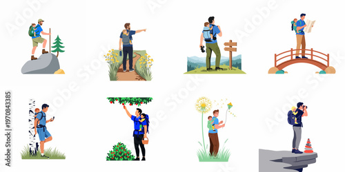 Set of illustrations featuring a father hiking and exploring the outdoors with his toddler in a baby carrier backpack.