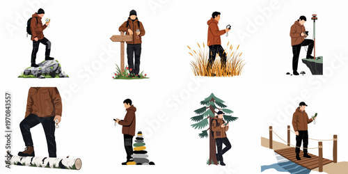 A comprehensive collection of illustrations showing a male hiker navigating diverse outdoor terrains with a traditional compass and modern digital devices.