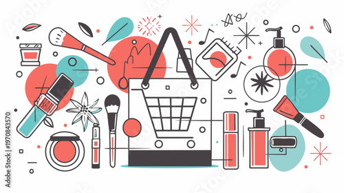 A modern flat design featuring cosmetic items with abstract elements and a shopping bag