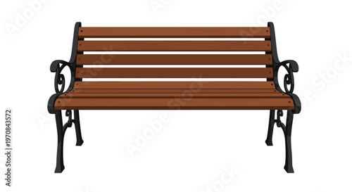 An empty wooden park bench with black metal supports is centered directly facing forward on a pristine white background.