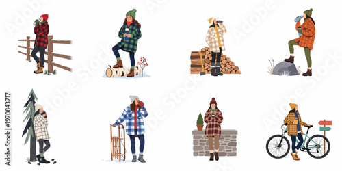 Set of flat illustrations showing women in autumn and winter outfits enjoying hot drinks outdoors in nature.