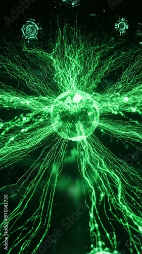 Wallpaper Mural Technology A futuristic ai agent is connected to various digital functions through glowing green network, representing advanced and automation scene 1 with distortion, overlay, glitch, static noise Torontodigital.ca