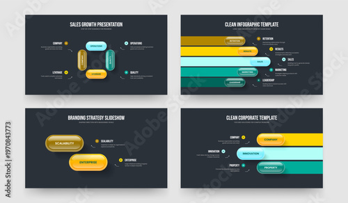 Professional Report Four Five Two Three Step Infographic Slide Design Vector Illustration Bundle. Market Strategy 4 5 2 3 Element Diagram Slideshow Template Collection.