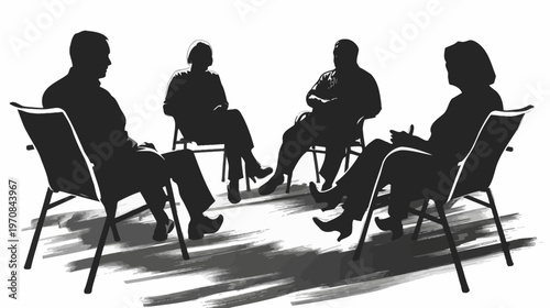 Silhouetted figures in a circle, seated in chairs, suggesting a discussion or meeting
