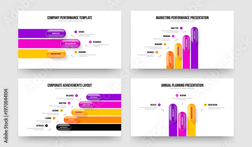 Corporate Forecast Three Four Five Step Diagram Slide Design Vector Illustration Set. Sales Launch 3 4 5 Option Infographic Slideshow Layout Collection.