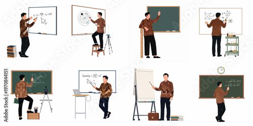 Flat vector illustrations of an Indonesian male teacher in a batik shirt teaching science and mathematics subjects on various boards.