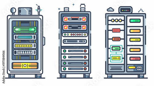 Three stylized data server racks in a flat, illustrative style, featuring multiple layers and lights